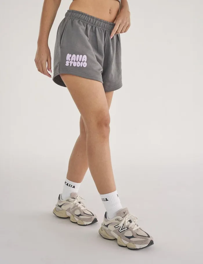Women Kaiia Studio Bubble Logo Sweat Shorts Dark Grey and Lilac Grey Public Desire Shorts