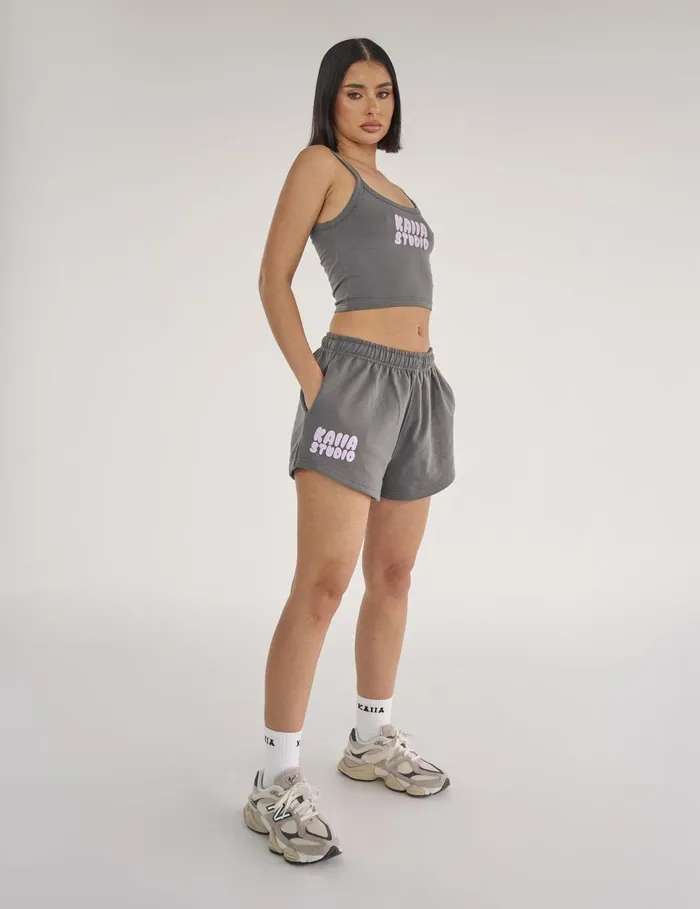 Women Kaiia Studio Bubble Logo Sweat Shorts Dark Grey and Lilac Grey Public Desire Shorts