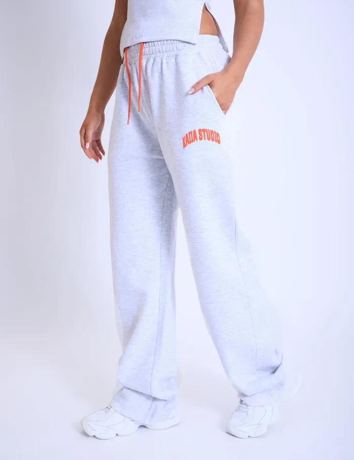Women Kaiia Studio Bubble Logo Wide Leg Sweat Pants Light Grey Marl and Orange Marl Public Desire Jogger and Leggings