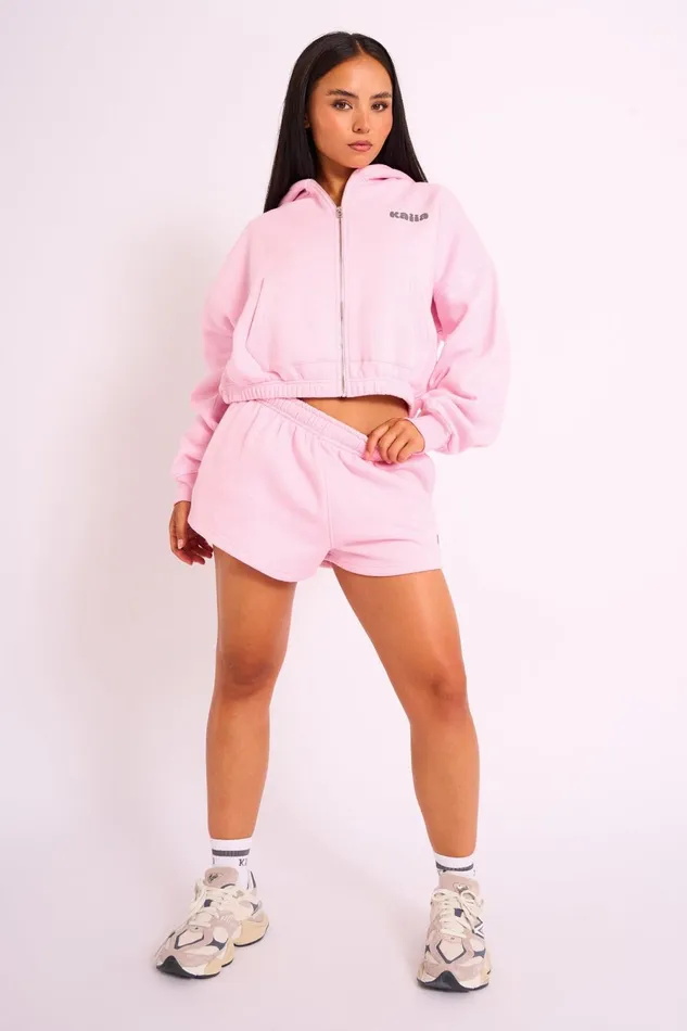 Women Kaiia Studio Bubble Logo Zip Through Crop Hoodie Pink Grey Public Desire Kaiia The Label