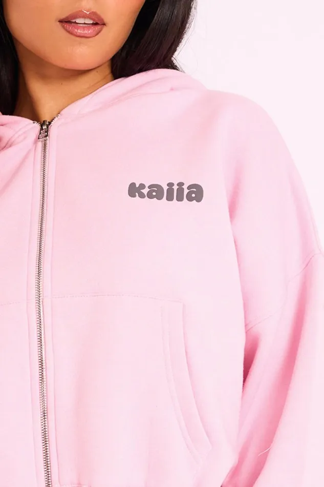 Women Kaiia Studio Bubble Logo Zip Through Crop Hoodie Pink Grey Public Desire Kaiia The Label