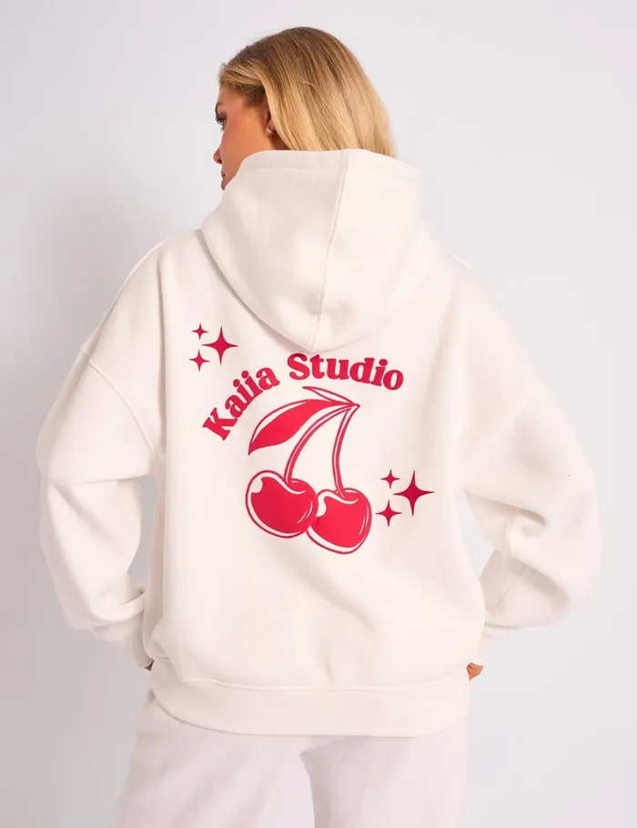 Women Kaiia Studio Cherry Graphic Oversized Hoodie Cream and Red Red Public Desire Sweatshirt and Hoodies