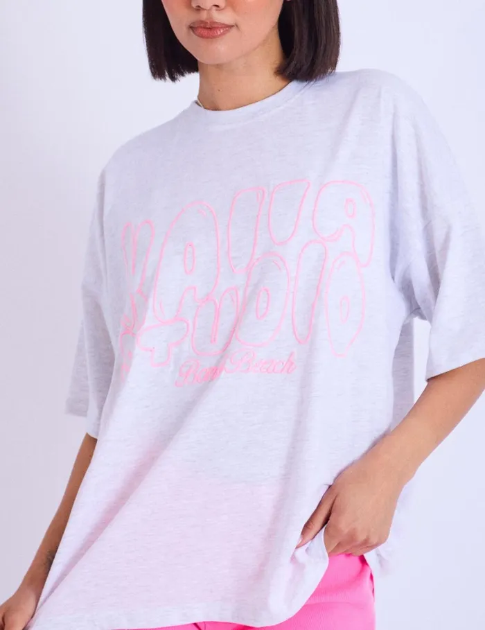 Women Kaiia Studio Embroidered Bubble Logo Oversized Tshirt Grey Marl and Pink Marl Public Desire Tops