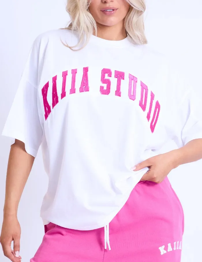 Women Kaiia Studio Oversized White and Pink TShirt White Public Desire Tops