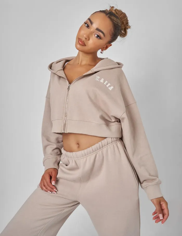 Women Kaiia Zip Through Cropped Hoodie Stone Neutral Public Desire Sweatshirt and Hoodies