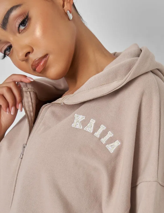 Women Kaiia Zip Through Cropped Hoodie Stone Neutral Public Desire Sweatshirt and Hoodies