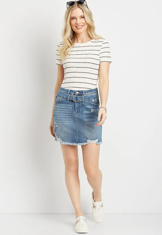 Women Kancan High Rise Belted Ripped Utility Denim Skirt Maurices Bottoms