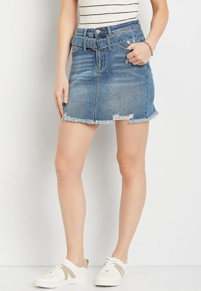 Women Kancan High Rise Belted Ripped Utility Denim Skirt Maurices Bottoms