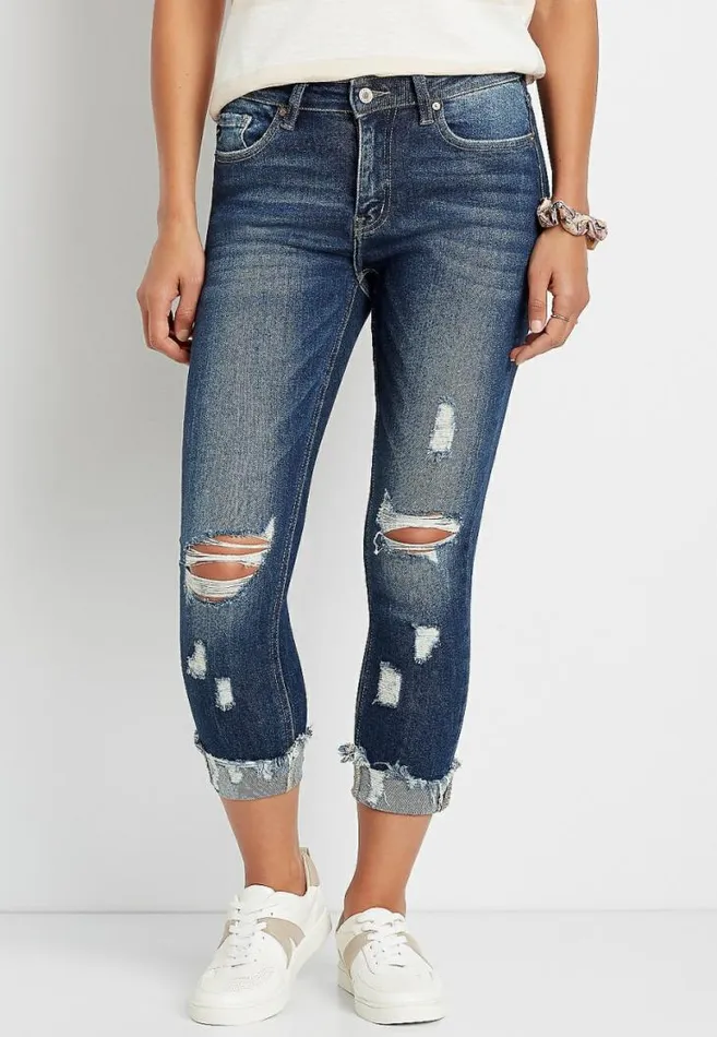 Women Kancan High Rise Curvy Dark Ripped Cropped Jean Maurices Jeans
