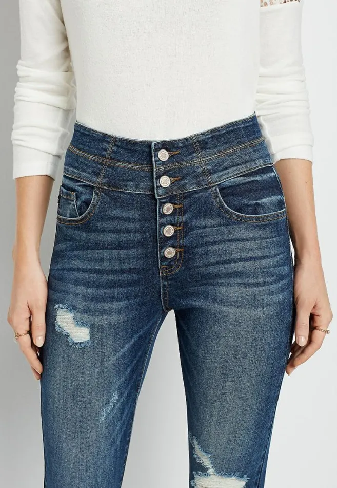 Women Kancan Super High Rise Dark Destructed Curvy Button Fly Skinny Jean Maurices Jeans