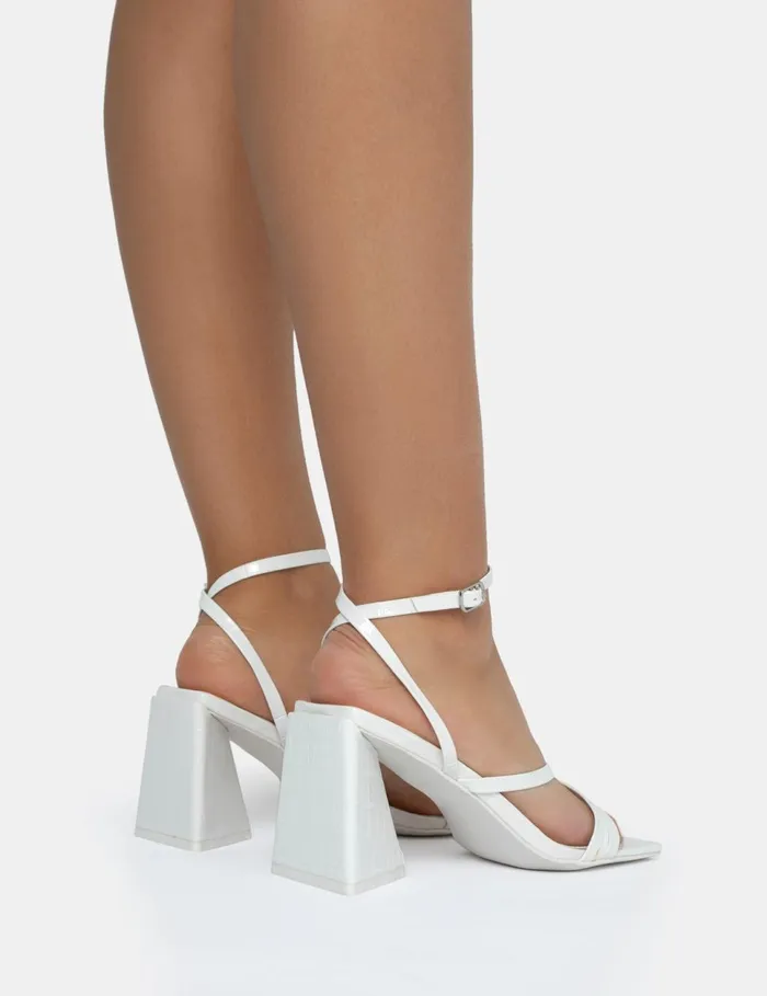 Women Kasia White Croc Strappy Square Toe Mid Flared Block Heels White Public Desire Prom