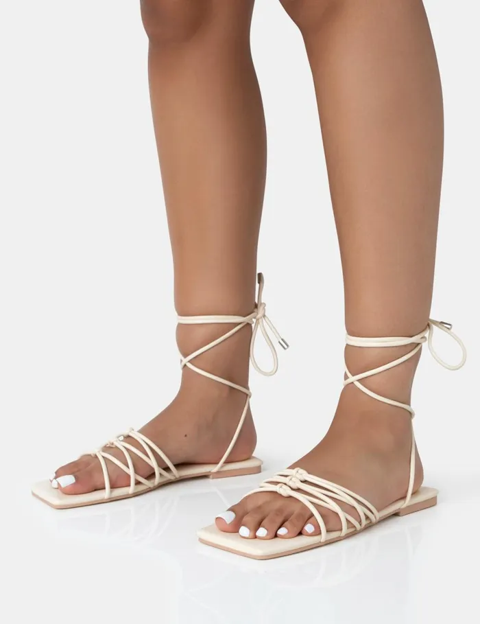 Women Kelly Ecru Lace Up Flat Square Toe Sandals Neutral Public Desire Lace Up Heels