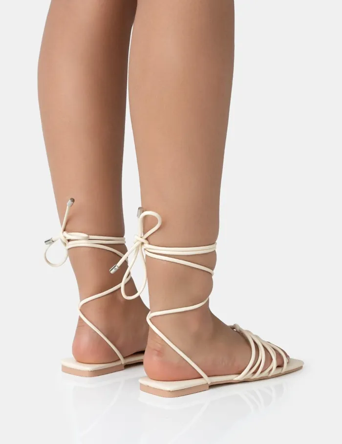 Women Kelly Ecru Lace Up Flat Square Toe Sandals Neutral Public Desire Lace Up Heels