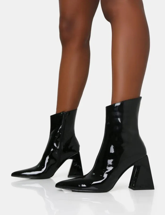 Women Kenzie Black Patent Pointed Toe Block Heel Ankle Boots Black Public Desire Ankle Boots