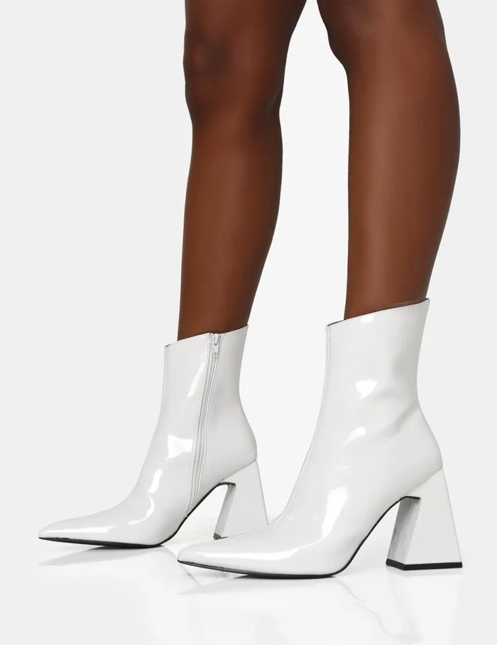 Women Kenzie White Patent Pointed Toe Block Heel Ankle Boots White Public Desire Ankle Boots