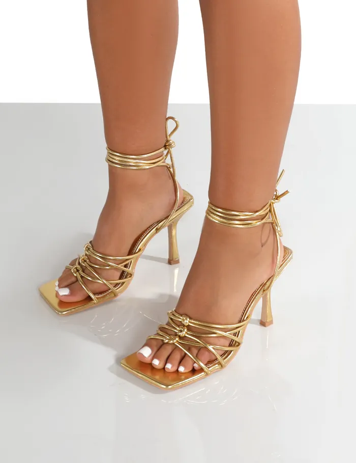 Women Keri Gold Metallic Pu Strappy Lace Up Mid Heels Gold Public Desire Lace Up Heels