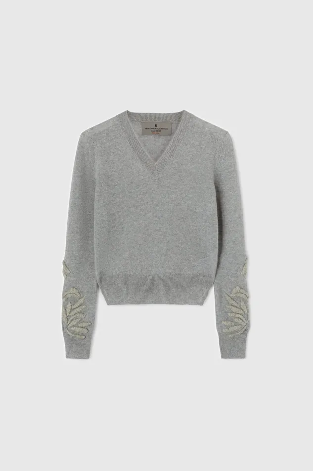 Women Knitwear Ermanno Scervino Cashmere Grey Sweater With Floral Embroidery 8211 Ermanno Scervino Grey Women Knitwear Ermanno Scervino Cashmere Grey Sweater With Floral Embroidery 8211 Ermanno Scervino Grey