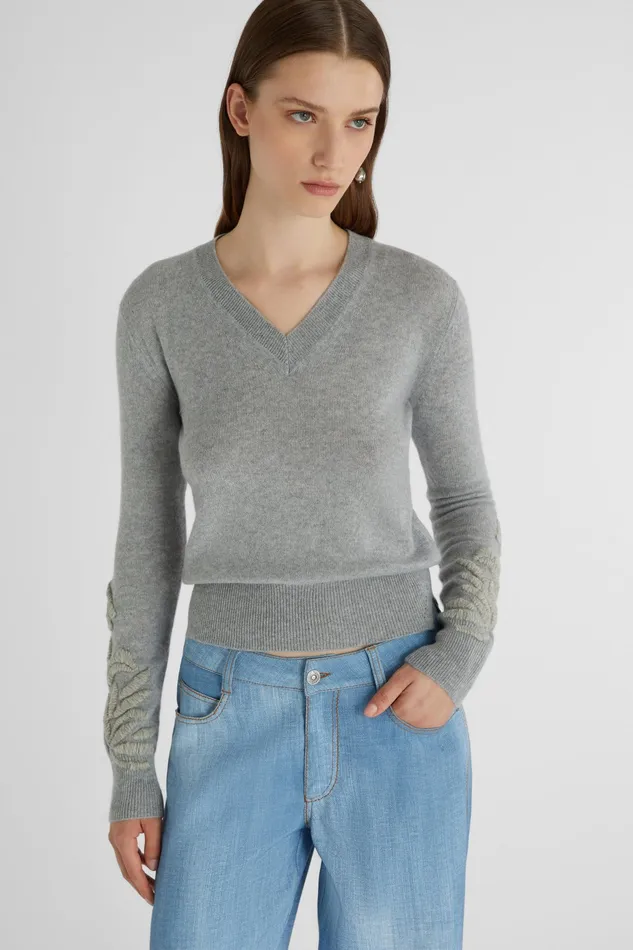 Women Knitwear Ermanno Scervino Cashmere Grey Sweater With Floral Embroidery 8211 Ermanno Scervino Grey