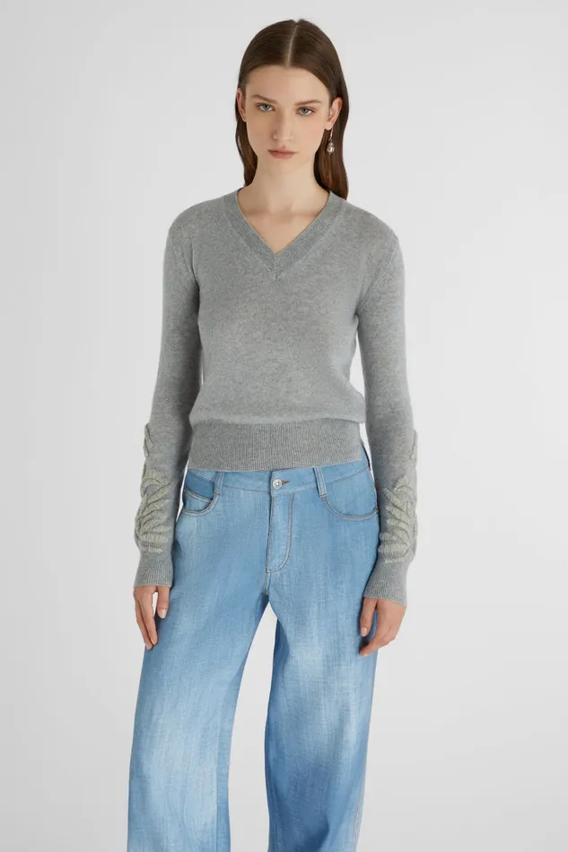 Women Knitwear Ermanno Scervino Cashmere Grey Sweater With Floral Embroidery 8211 Ermanno Scervino Grey