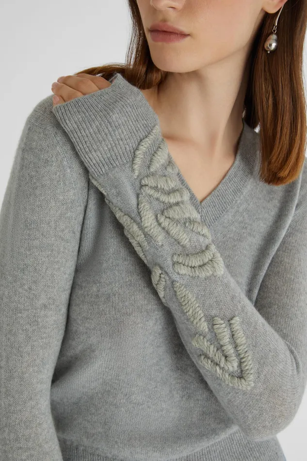 Women Knitwear Ermanno Scervino Cashmere Grey Sweater With Floral Embroidery 8211 Ermanno Scervino Grey