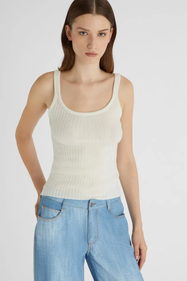 Women Knitwear Ermanno Scervino Designer Women039s White Ribbed Cashmere Tank Top 8211 Ermanno Scervino White