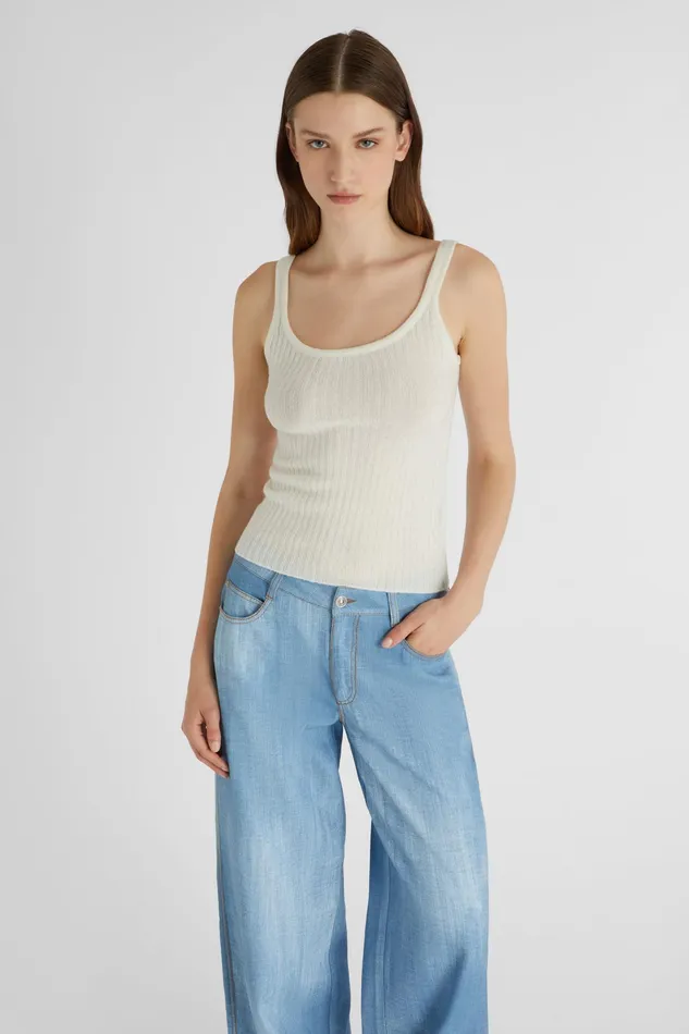 Women Knitwear Ermanno Scervino Designer Women039s White Ribbed Cashmere Tank Top 8211 Ermanno Scervino White