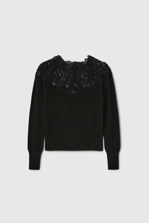 Women Knitwear Ermanno Scervino Lace Neckline Black Cashmere Sweater 8211 Ermanno Scervino Black Women Knitwear Ermanno Scervino Lace Neckline Black Cashmere Sweater 8211 Ermanno Scervino Black