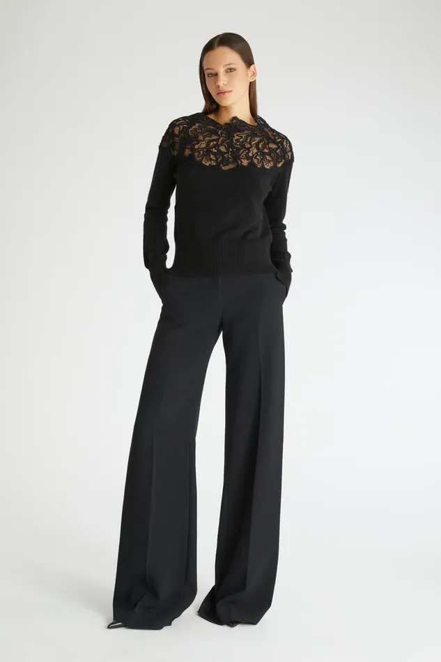 Women Knitwear Ermanno Scervino Lace Neckline Black Cashmere Sweater 8211 Ermanno Scervino Black