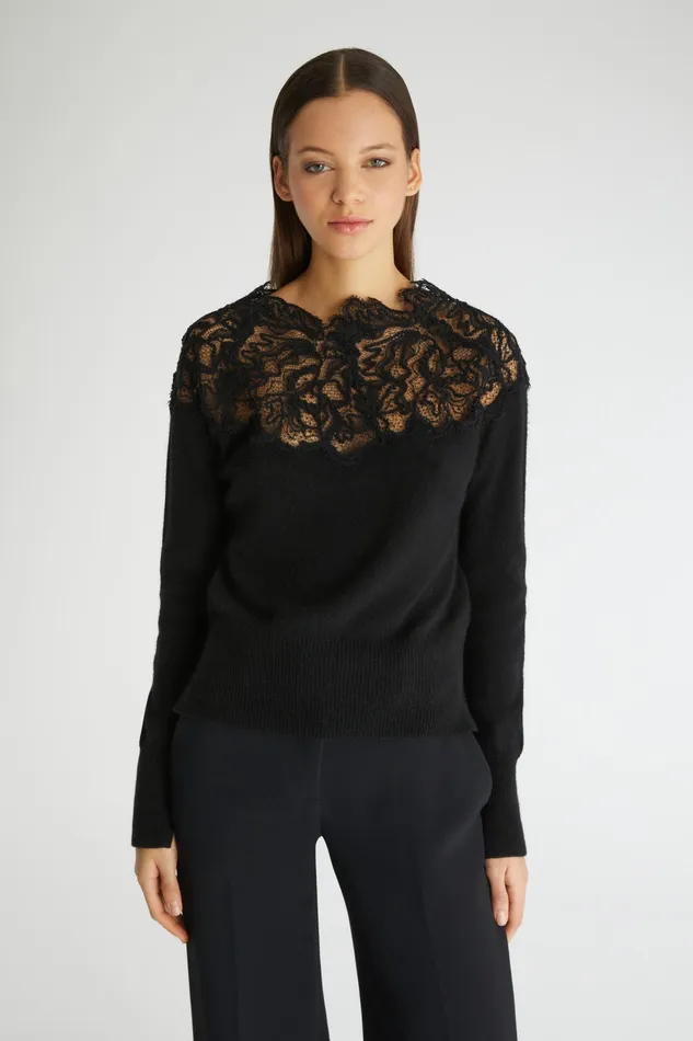 Women Knitwear Ermanno Scervino Lace Neckline Black Cashmere Sweater 8211 Ermanno Scervino Black