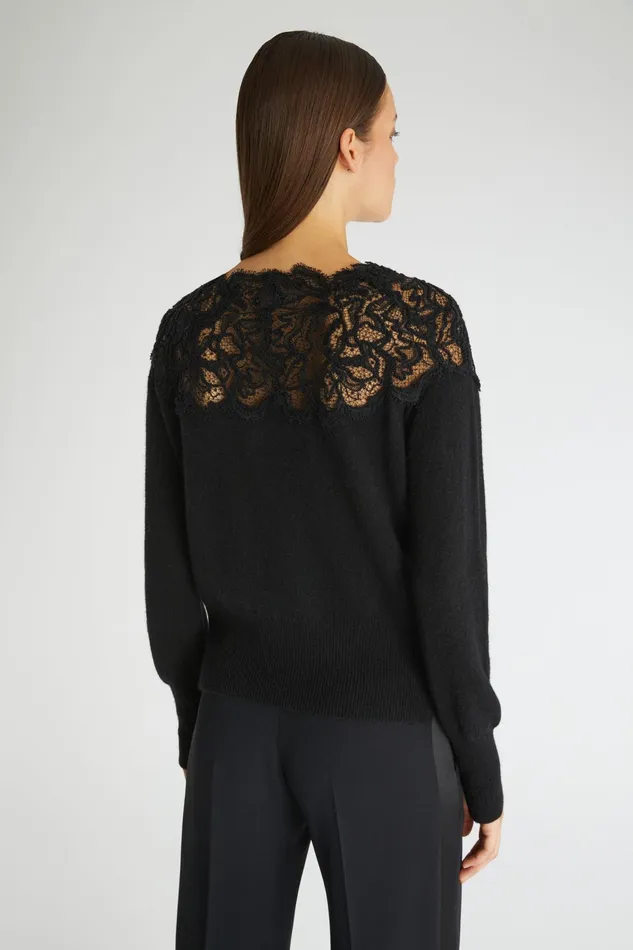 Women Knitwear Ermanno Scervino Lace Neckline Black Cashmere Sweater 8211 Ermanno Scervino Black