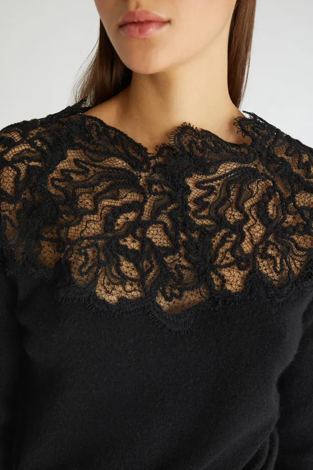 Women Knitwear Ermanno Scervino Lace Neckline Black Cashmere Sweater 8211 Ermanno Scervino Black