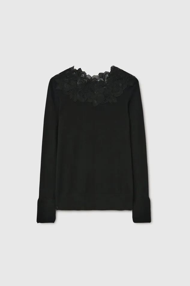 Women Knitwear Ermanno Scervino Pure Merino Wool Sweater With Lace On The Neckline Black Women Knitwear Ermanno Scervino Pure Merino Wool Sweater With Lace On The Neckline Black