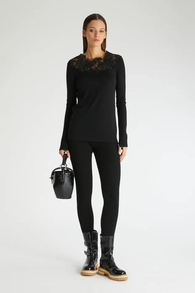 Women Knitwear Ermanno Scervino Pure Merino Wool Sweater With Lace On The Neckline Black