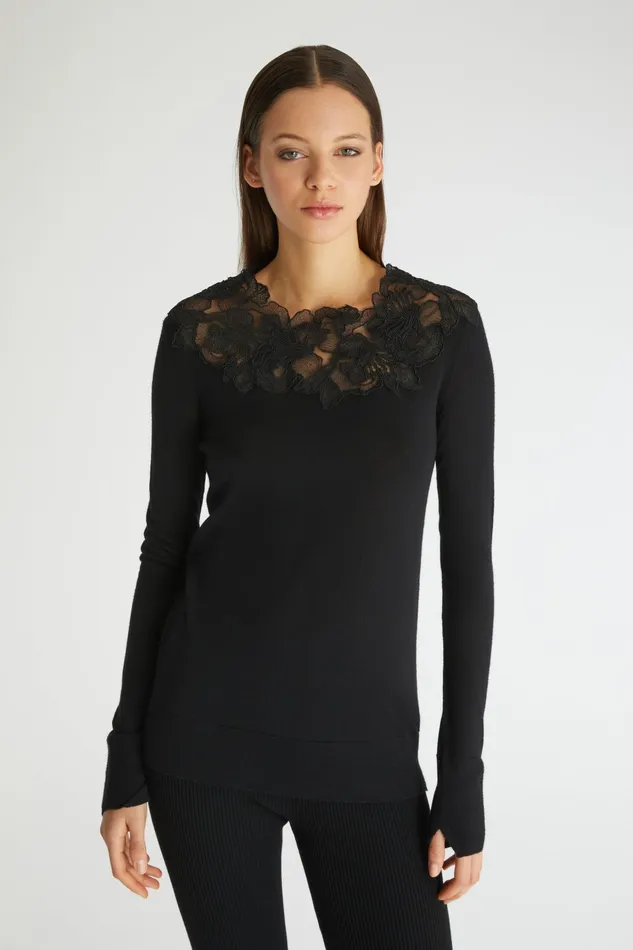 Women Knitwear Ermanno Scervino Pure Merino Wool Sweater With Lace On The Neckline Black