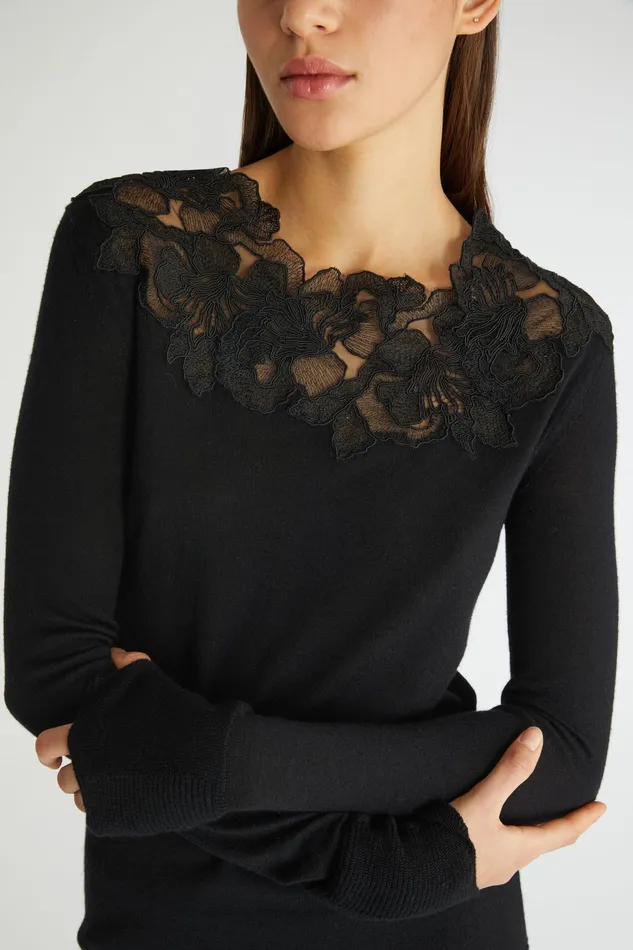 Women Knitwear Ermanno Scervino Pure Merino Wool Sweater With Lace On The Neckline Black