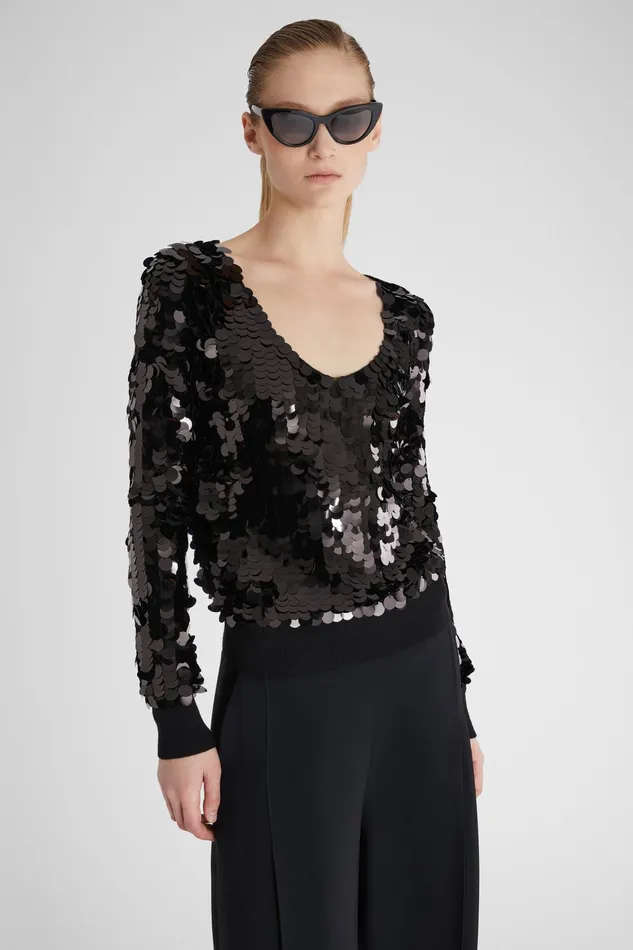 Women Knitwear Ermanno Scervino Pure Merino Wool Sweater With Vneck And All Over Sequins