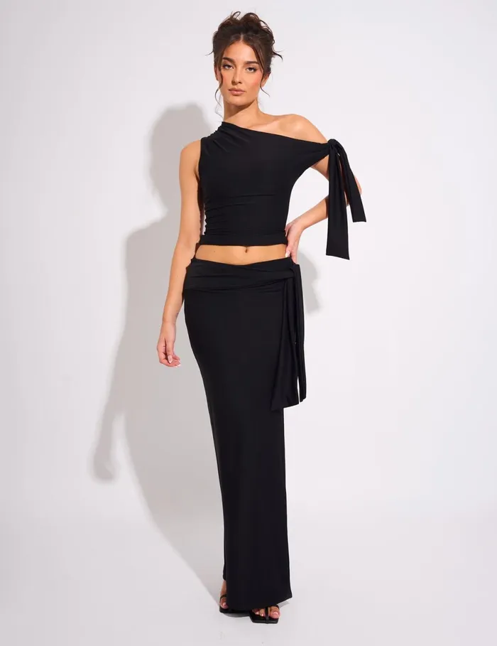 Women Knot Detail Luxe Slinky Maxi Skirt Black Black Public Desire Skirts