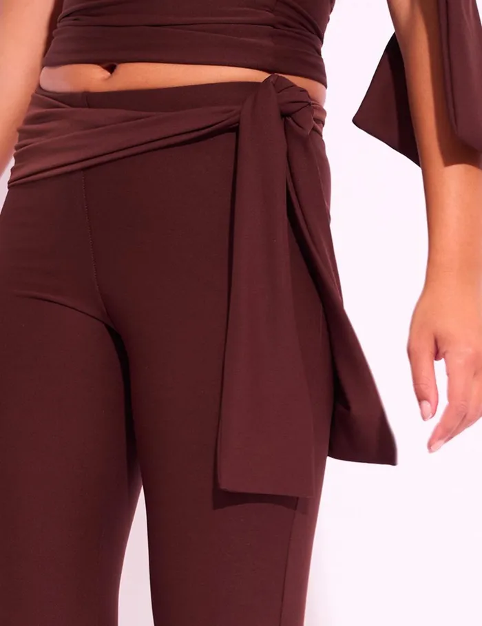 Women Knot Detail Tie Side Luxe Slinky Capri Pants Chocolate Chocolate Public Desire Two Piece Sets