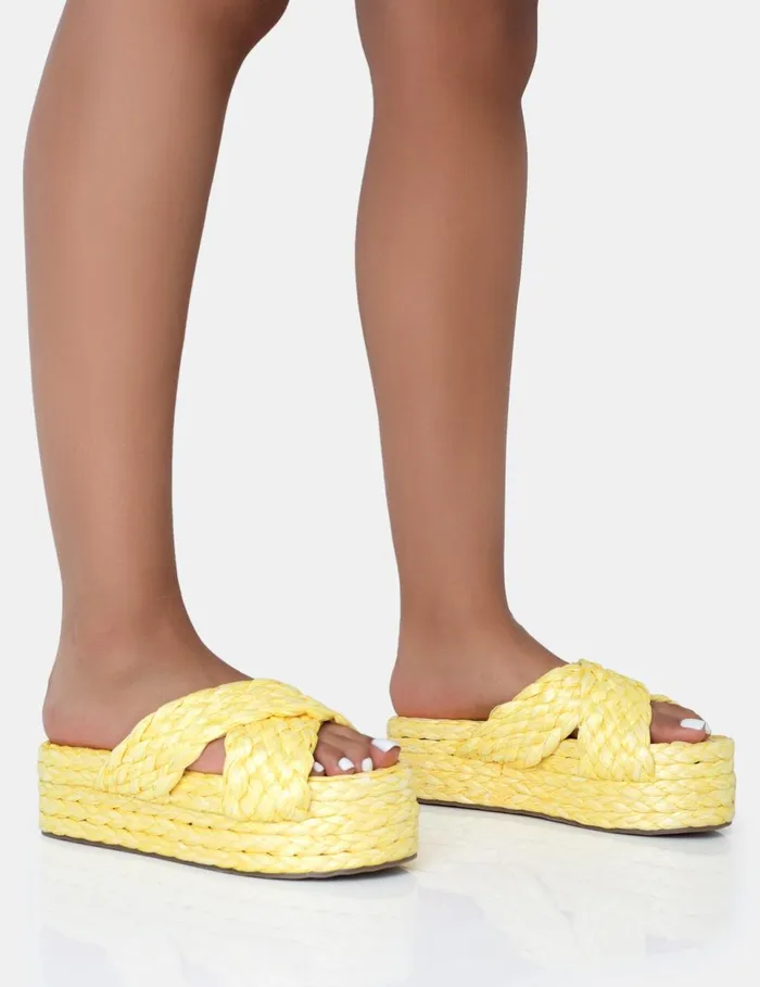 Women Kos Yellow Raffia Cross Over Strap Slip On Flatform Sandals Yellow Public Desire Holiday Women Kos Yellow Raffia Cross Over Strap Slip On Flatform Sandals Yellow Public Desire Holiday