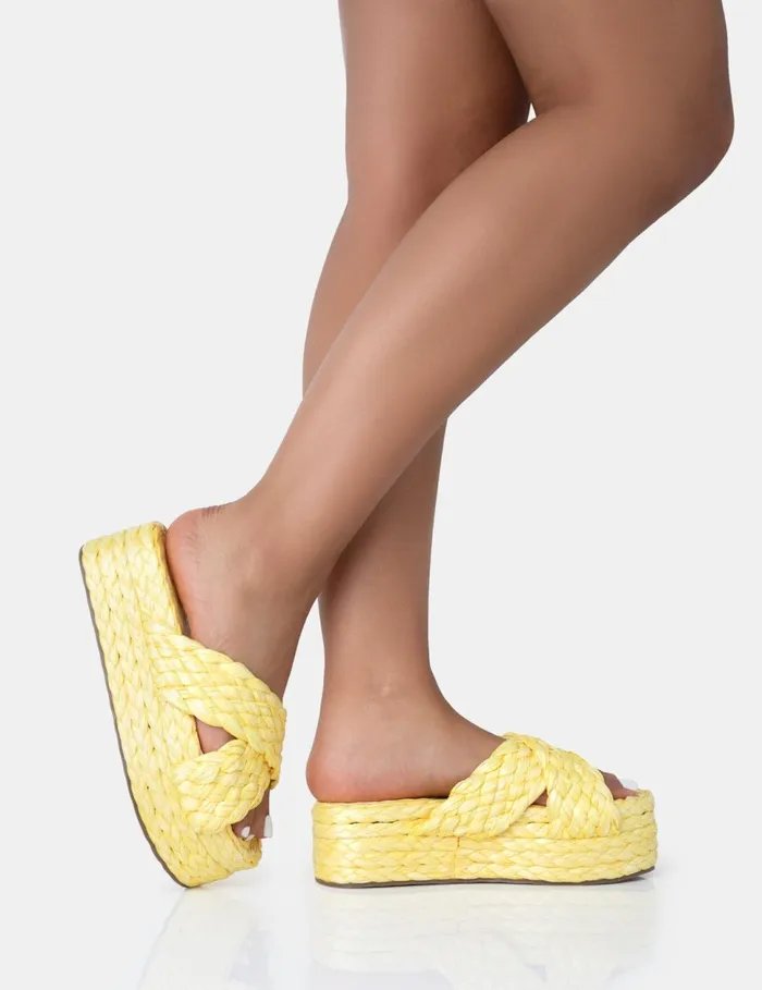 Women Kos Yellow Raffia Cross Over Strap Slip On Flatform Sandals Yellow Public Desire Holiday