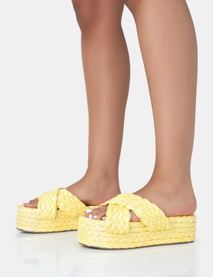 Women Kos Yellow Raffia Cross Over Strap Slip On Flatform Sandals Yellow Public Desire Holiday