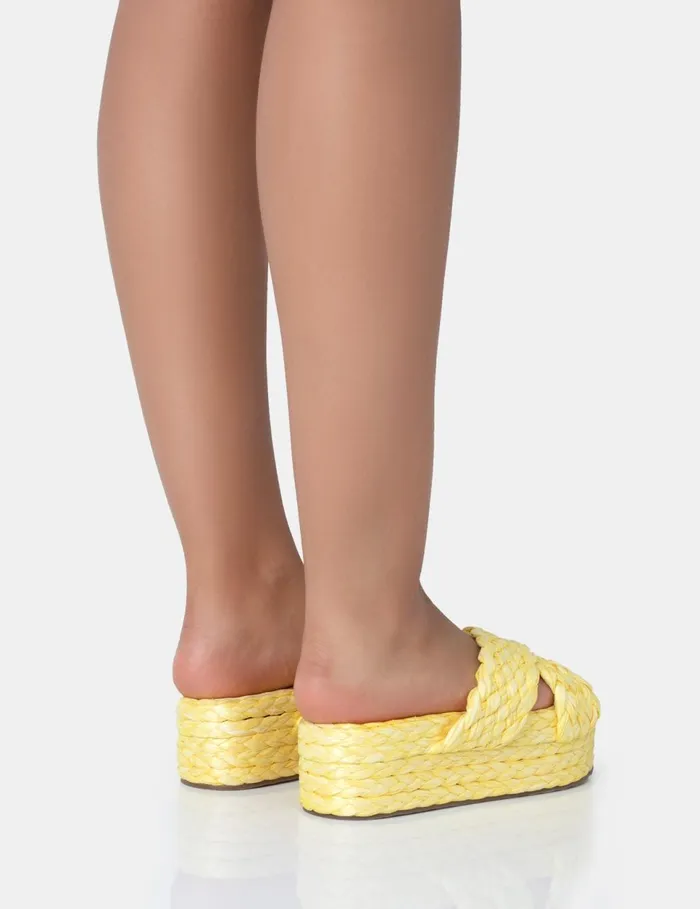 Women Kos Yellow Raffia Cross Over Strap Slip On Flatform Sandals Yellow Public Desire Holiday