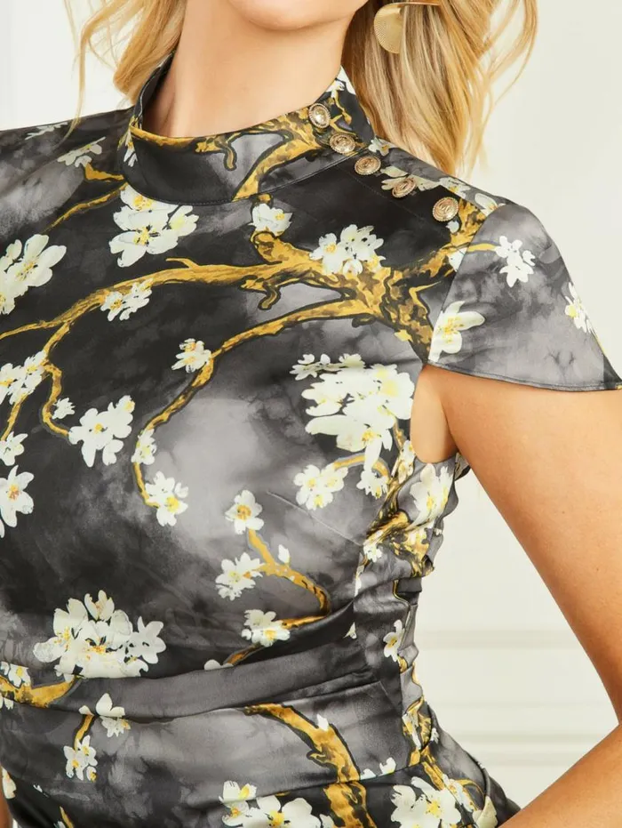 Women Krystal Blossom Satin Dress Blossom Black Cave Print Marciano Dresses Women Krystal Blossom Satin Dress Blossom Black Cave Print Marciano Dresses