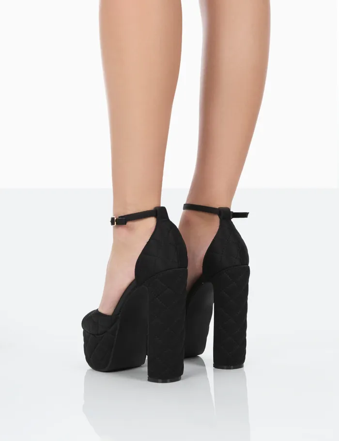 Women Kylie Black Padded Nylon High Heel Peep Toe Platform Block Heels Black Public Desire Platform Heels