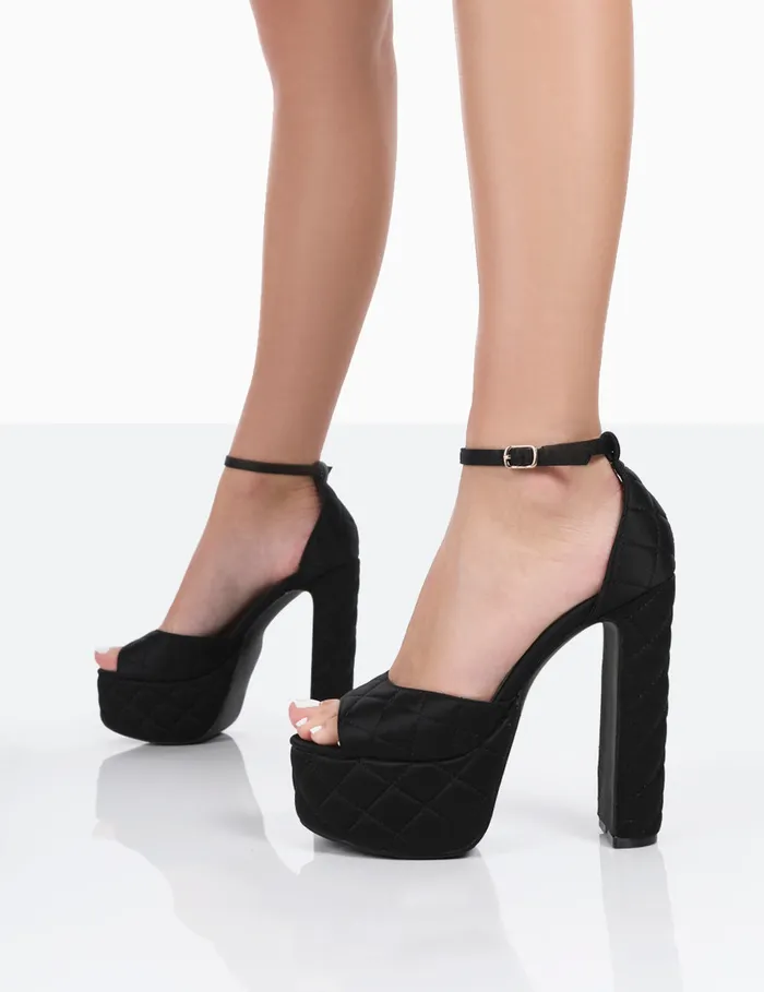 Women Kylie Black Padded Nylon High Heel Peep Toe Platform Block Heels Black Public Desire Platform Heels