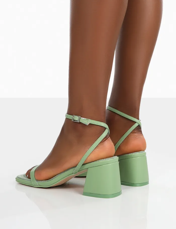 Women Lane Mint Raffia Strappy Mid Block Heeled Sandals Green Public Desire Holiday
