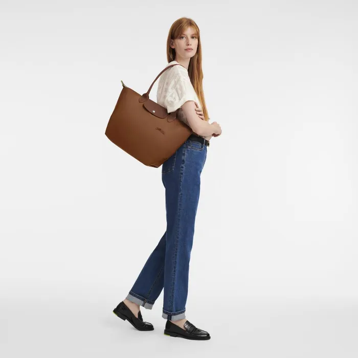 Women Le Pliage Green L Tote Bag Cognac Longchamp Shoulder Bags