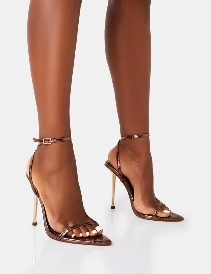 Women Legacy Bronze Croc Gold Stiletto Heels Brown Public Desire Metallics