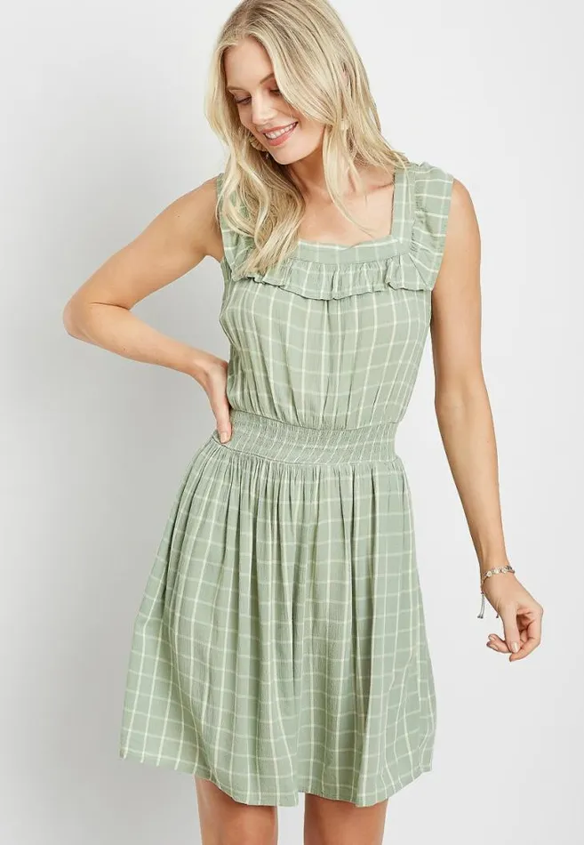 Women Light Green Plaid Ruffle Trim Mini Dress Maurices Dresses and Jumpsuits