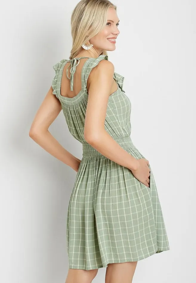 Women Light Green Plaid Ruffle Trim Mini Dress Maurices Dresses and Jumpsuits
